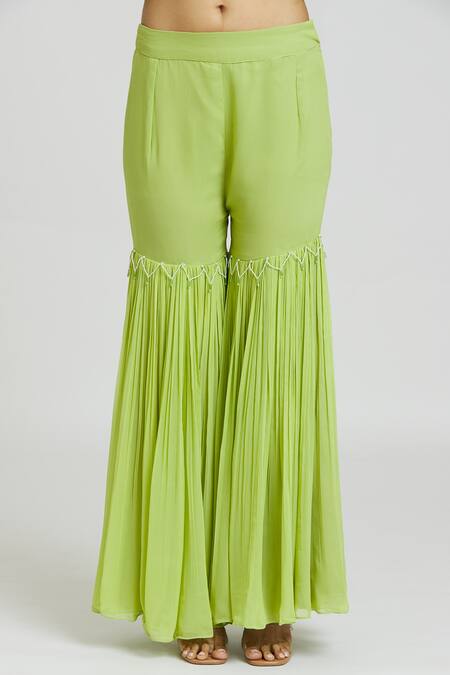 Shop_Nitisha Kashyap Official_Green Georgette Beads, Mirrors Round Neck Embroidered Kaftan And Gharara Set _Online_at_Aza_Fashions