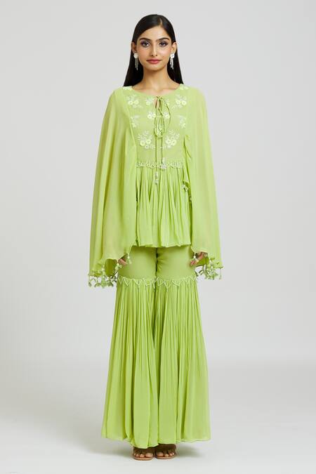 Nitisha Kashyap Official_Green Georgette Beads, Mirrors Round Neck Embroidered Kaftan And Gharara Set _at_Aza_Fashions