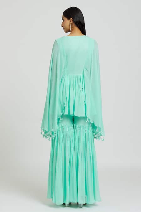 Nitisha Kashyap Official_Blue Georgette Mirrors, Beads Round Neck Embroidered Kaftan And Gharara Set _Online_at_Aza_Fashions