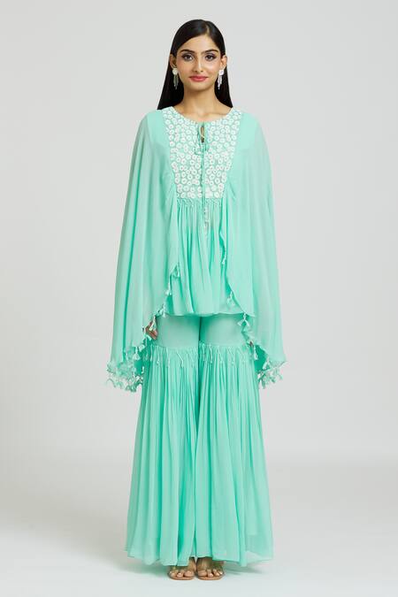 Buy_Nitisha Kashyap Official_Blue Georgette Mirrors, Beads Round Neck Embroidered Kaftan And Gharara Set _Online_at_Aza_Fashions