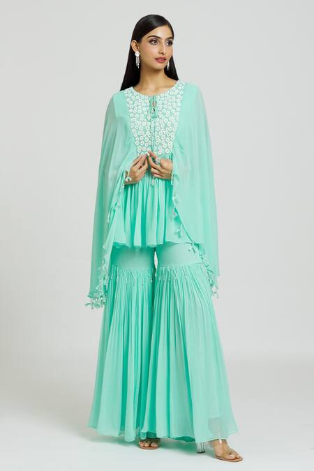 Shop_Nitisha Kashyap Official_Blue Georgette Mirrors, Beads Round Neck Embroidered Kaftan And Gharara Set _Online_at_Aza_Fashions