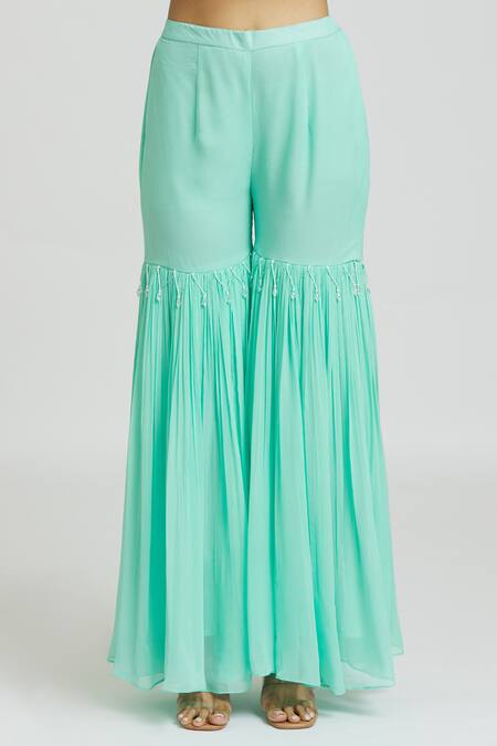 Nitisha Kashyap Official_Blue Georgette Mirrors, Beads Round Neck Embroidered Kaftan And Gharara Set _at_Aza_Fashions