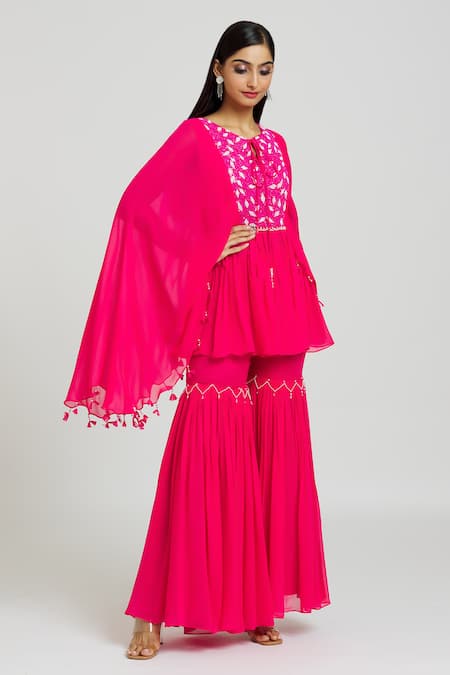 Nitisha Kashyap Official_Pink Georgette Beads, Mirrors Round Neck Work Kaftan And Gharara Set _Online_at_Aza_Fashions