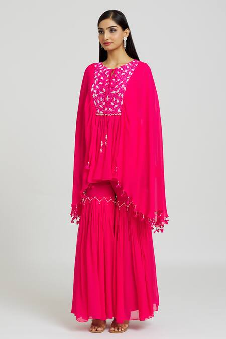 Buy_Nitisha Kashyap Official_Pink Georgette Beads, Mirrors Round Neck Work Kaftan And Gharara Set _Online_at_Aza_Fashions