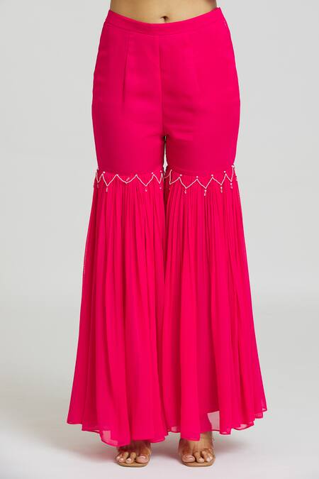 Shop_Nitisha Kashyap Official_Pink Georgette Beads, Mirrors Round Neck Work Kaftan And Gharara Set _Online_at_Aza_Fashions