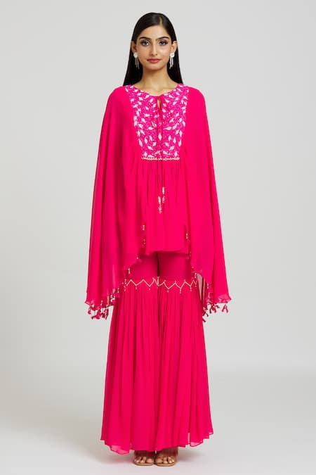 Nitisha Kashyap Official_Pink Georgette Beads, Mirrors Round Neck Work Kaftan And Gharara Set _at_Aza_Fashions