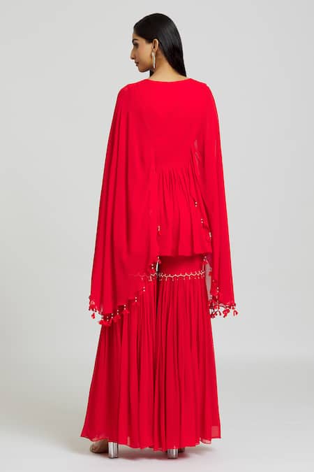 Nitisha Kashyap Official_Red Georgette Mirrors, Beads Round Neck Work Kaftan And Gharara Set _Online_at_Aza_Fashions