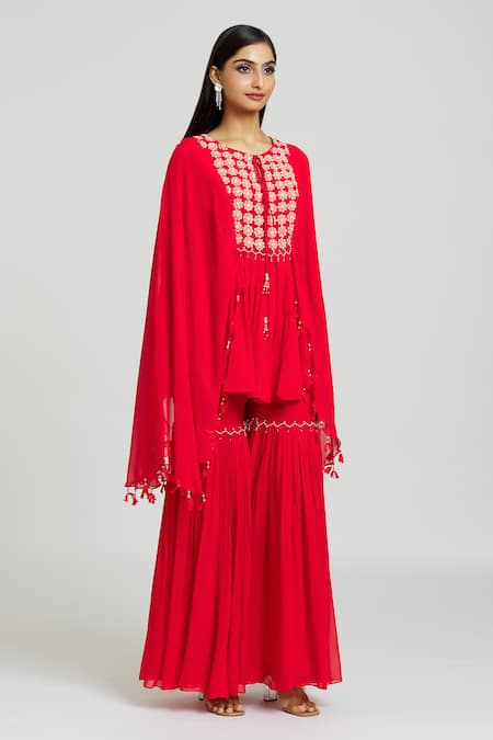 Buy_Nitisha Kashyap Official_Red Georgette Mirrors, Beads Round Neck Work Kaftan And Gharara Set _Online_at_Aza_Fashions