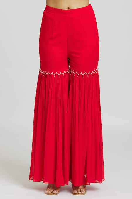 Shop_Nitisha Kashyap Official_Red Georgette Mirrors, Beads Round Neck Work Kaftan And Gharara Set _Online_at_Aza_Fashions