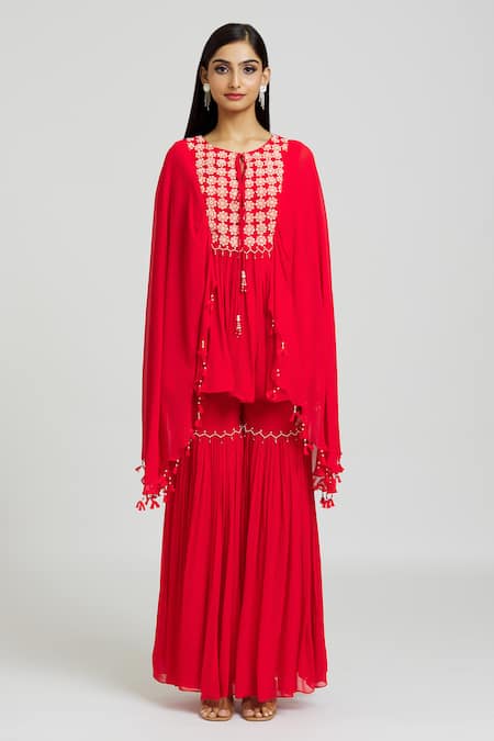 Nitisha Kashyap Official_Red Georgette Mirrors, Beads Round Neck Work Kaftan And Gharara Set _at_Aza_Fashions