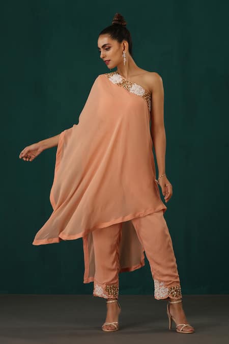 Minaki Peach Georgette Placement Embroidery Pearls One Shoulder Cape Pant Set