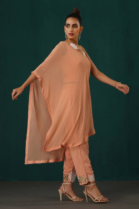 Minaki Peach Georgette Embroidery, Sequins Asymmetric One Shoulder Cape Pant Set Online at Aza Fashions Minaki_Peach Georgette Embroidery, Sequins Asymmetric One Shoulder Cape Pant Set _Online_at_Aza_Fashions