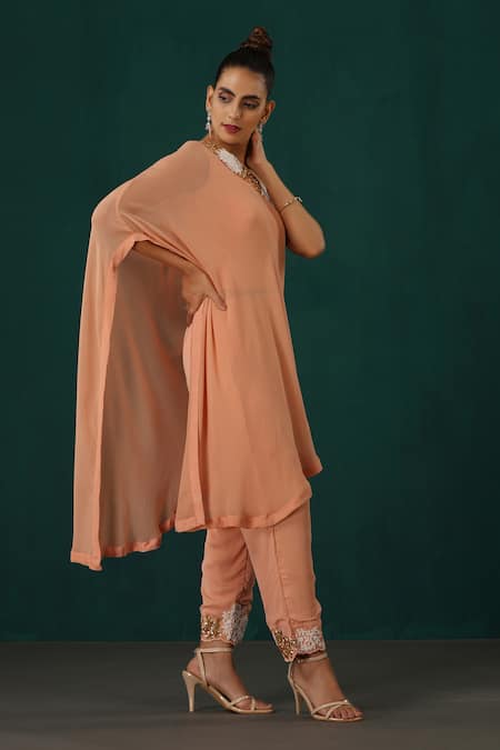 Buy Minaki Peach Georgette Embroidery, Sequins Asymmetric One Shoulder Cape Pant Set Online at Aza Fashions Buy_Minaki_Peach Georgette Embroidery, Sequins Asymmetric One Shoulder Cape Pant Set _Online_at_Aza_Fashions