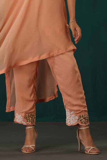 Shop Minaki Peach Georgette Embroidery, Sequins Asymmetric One Shoulder Cape Pant Set Online at Aza Fashions Shop_Minaki_Peach Georgette Embroidery, Sequins Asymmetric One Shoulder Cape Pant Set _Online_at_Aza_Fashions