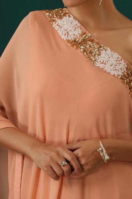 Minaki Peach Georgette Embroidery, Sequins Asymmetric One Shoulder Cape Pant Set at Aza Fashions Minaki_Peach Georgette Embroidery, Sequins Asymmetric One Shoulder Cape Pant Set _at_Aza_Fashions