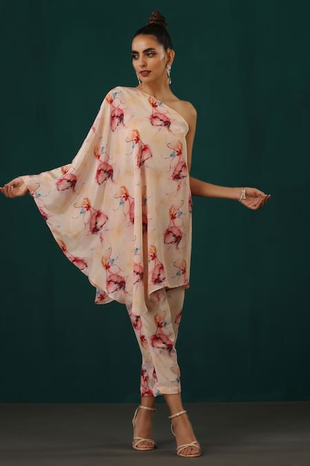 MINAKI Abstract Floral Print Cape Pant Set 