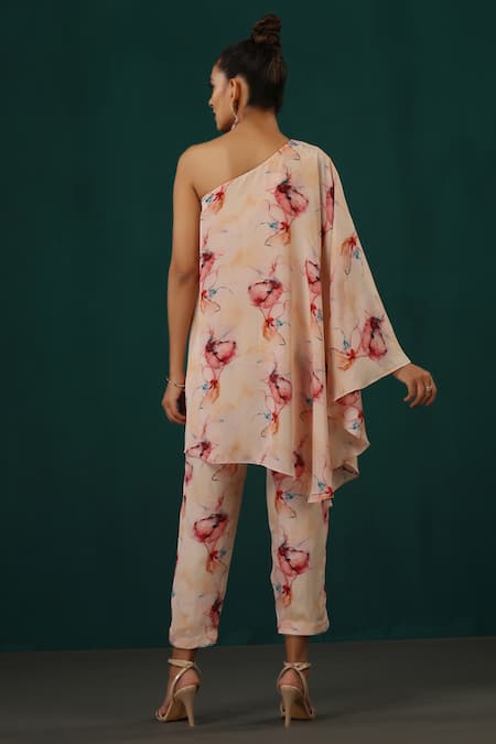 Shop Minaki Pink Crepe Asymmetric Abstract Floral Print Cape Pant Set at Aza Fashions Shop_Minaki_Pink Crepe Asymmetric Abstract Floral Print Cape Pant Set_at_Aza_Fashions