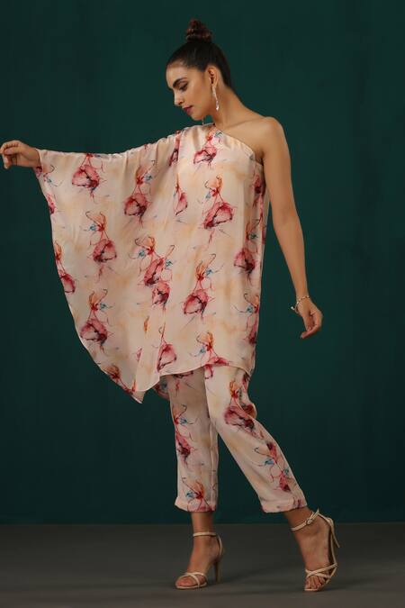 Buy Minaki Pink Crepe Asymmetric Abstract Floral Print Cape Pant Set Online at Aza Fashions Buy_Minaki_Pink Crepe Asymmetric Abstract Floral Print Cape Pant Set_Online_at_Aza_Fashions