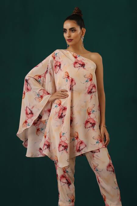 Shop Minaki Pink Crepe Asymmetric Abstract Floral Print Cape Pant Set Online at Aza Fashions Shop_Minaki_Pink Crepe Asymmetric Abstract Floral Print Cape Pant Set_Online_at_Aza_Fashions