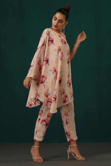 Minaki Pink Crepe Asymmetric Abstract Floral Print Cape Pant Set at Aza Fashions Minaki_Pink Crepe Asymmetric Abstract Floral Print Cape Pant Set_at_Aza_Fashions