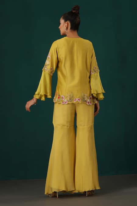 Shop Minaki Yellow Satin, Chiffon, Chanderi Embroidery V-neck Floral Tunic With Sharara at Aza Fashions Shop_Minaki_Yellow Satin, Chiffon, Chanderi Embroidery V-neck Floral Tunic With Sharara _at_Aza_Fashions