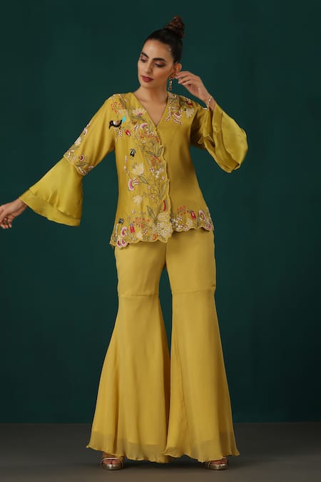Minaki Yellow Satin, Chiffon, Chanderi Embroidery V-neck Floral Tunic With Sharara Online at Aza Fashions Minaki_Yellow Satin, Chiffon, Chanderi Embroidery V-neck Floral Tunic With Sharara _Online_at_Aza_Fashions