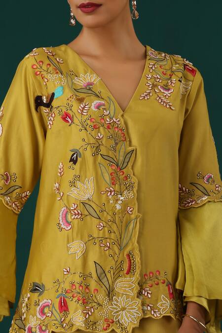 Shop Minaki Yellow Satin, Chiffon, Chanderi Embroidery V-neck Floral Tunic With Sharara Online at Aza Fashions Shop_Minaki_Yellow Satin, Chiffon, Chanderi Embroidery V-neck Floral Tunic With Sharara _Online_at_Aza_Fashions