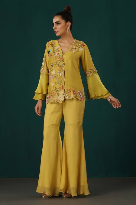 Minaki Yellow Satin, Chiffon, Chanderi Embroidery V-neck Floral Tunic With Sharara at Aza Fashions Minaki_Yellow Satin, Chiffon, Chanderi Embroidery V-neck Floral Tunic With Sharara _at_Aza_Fashions
