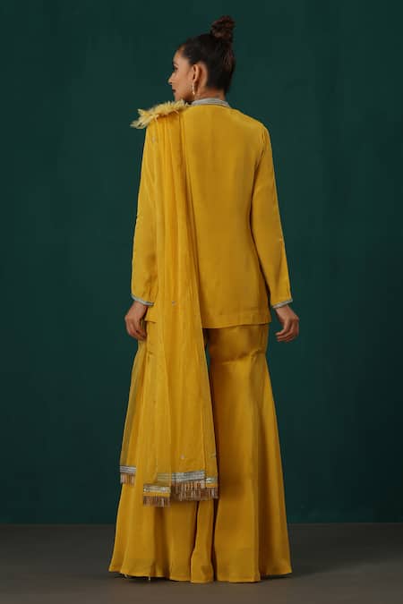 Shop_Minaki_Yellow Crepe, Organza Embroidery, Sequins, Feathers, Hand Kurta Sharara Set _at_Aza_Fashions