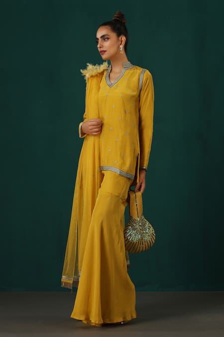 Minaki_Yellow Crepe, Organza Embroidery, Sequins, Feathers, Hand Kurta Sharara Set _Online_at_Aza_Fashions