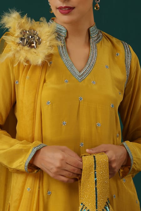 Buy_Minaki_Yellow Crepe, Organza Embroidery, Sequins, Feathers, Hand Kurta Sharara Set _Online_at_Aza_Fashions