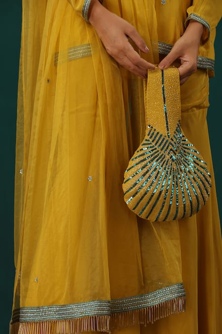 Shop_Minaki_Yellow Crepe, Organza Embroidery, Sequins, Feathers, Hand Kurta Sharara Set _Online_at_Aza_Fashions
