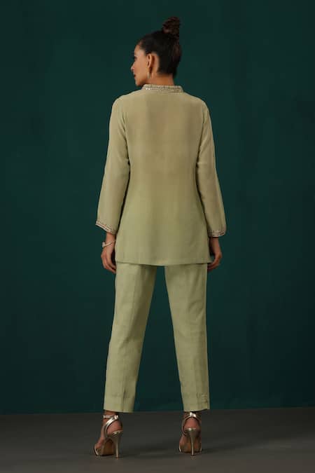 Shop Minaki Green Cotton Embroidery Mandarin Collar Placket Kurta With Trouser at Aza Fashions Shop_Minaki_Green Cotton Embroidery Mandarin Collar Placket Kurta With Trouser _at_Aza_Fashions