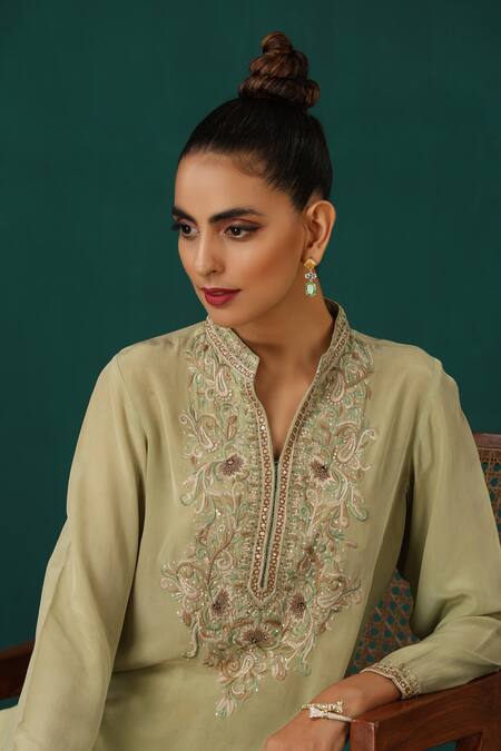 Shop Minaki Green Cotton Embroidery Mandarin Collar Placket Kurta With Trouser Online at Aza Fashions Shop_Minaki_Green Cotton Embroidery Mandarin Collar Placket Kurta With Trouser _Online_at_Aza_Fashions