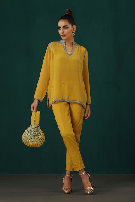 Minaki Yellow Cotton Embroidery Floral Stand Collar Short Kurta With Trouser