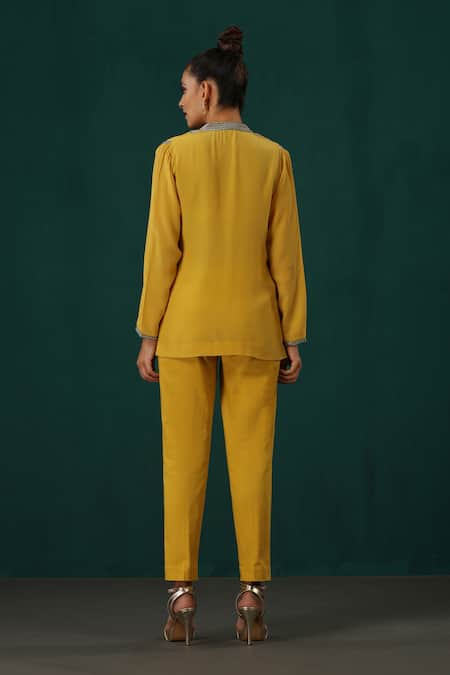 Shop Minaki Yellow Cotton, Crepe Embroidery, Sequins Floral Short Kurta With Trouser at Aza Fashions Shop_Minaki_Yellow Cotton, Crepe Embroidery, Sequins Floral Short Kurta With Trouser _at_Aza_Fashions