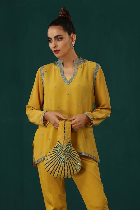 Buy Minaki Yellow Cotton, Crepe Embroidery, Sequins Floral Short Kurta With Trouser Online at Aza Fashions Buy_Minaki_Yellow Cotton, Crepe Embroidery, Sequins Floral Short Kurta With Trouser _Online_at_Aza_Fashions