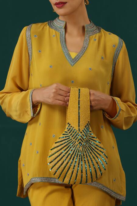 Shop Minaki Yellow Cotton, Crepe Embroidery, Sequins Floral Short Kurta With Trouser Online at Aza Fashions Shop_Minaki_Yellow Cotton, Crepe Embroidery, Sequins Floral Short Kurta With Trouser _Online_at_Aza_Fashions
