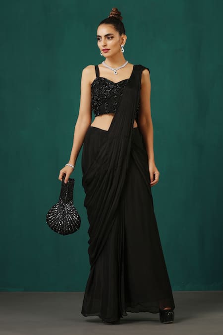 Buy_Minaki_Black Georgette, Crepe Sequins, Pre-stitched Saree And Embroidered Jacket Set _Online_at_Aza_Fashions
