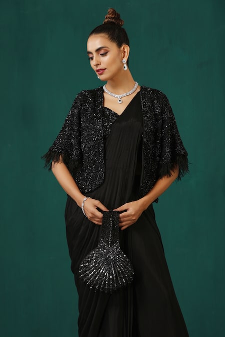 Shop_Minaki_Black Georgette, Crepe Sequins, Pre-stitched Saree And Embroidered Jacket Set _Online_at_Aza_Fashions