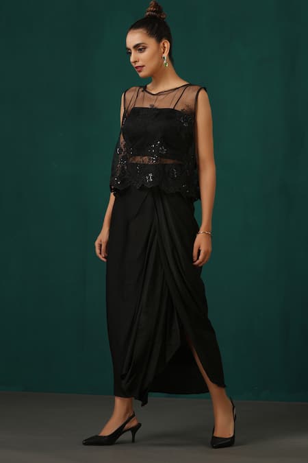 Minaki Black Pure Satin And Net Embroidery Sequins Round Tonal Cape Draped Skirt Set