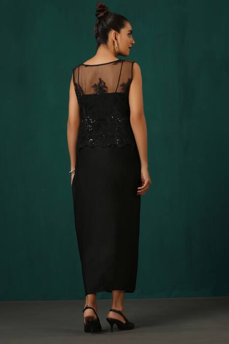 Shop Minaki Black Satin, Net Sequins, Cut Work Round Tonal Embroidered Cape Draped Skirt Set at Aza Fashions Shop_Minaki_Black Satin, Net Sequins, Cut Work Round Tonal Embroidered Cape Draped Skirt Set_at_Aza_Fashions