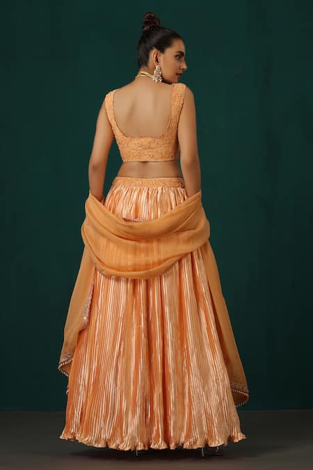 Shop Minaki Peach Crepe, Organza, Satin Embroidery, Sequins, Pleated Lehenga And Blouse Set at Aza Fashions Shop_Minaki_Peach Crepe, Organza, Satin Embroidery, Sequins, Pleated Lehenga And Blouse Set _at_Aza_Fashions