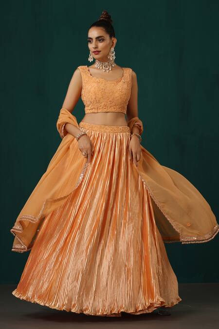 Minaki Peach Crepe, Organza, Satin Embroidery, Sequins, Pleated Lehenga And Blouse Set Online at Aza Fashions Minaki_Peach Crepe, Organza, Satin Embroidery, Sequins, Pleated Lehenga And Blouse Set _Online_at_Aza_Fashions