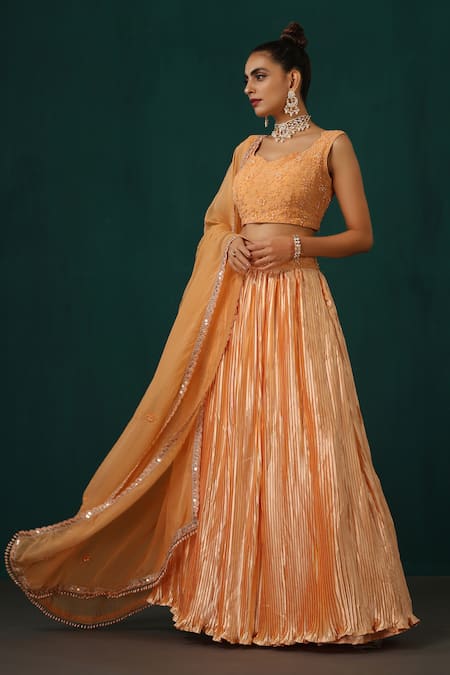 Buy Minaki Peach Crepe, Organza, Satin Embroidery, Sequins, Pleated Lehenga And Blouse Set Online at Aza Fashions Buy_Minaki_Peach Crepe, Organza, Satin Embroidery, Sequins, Pleated Lehenga And Blouse Set _Online_at_Aza_Fashions