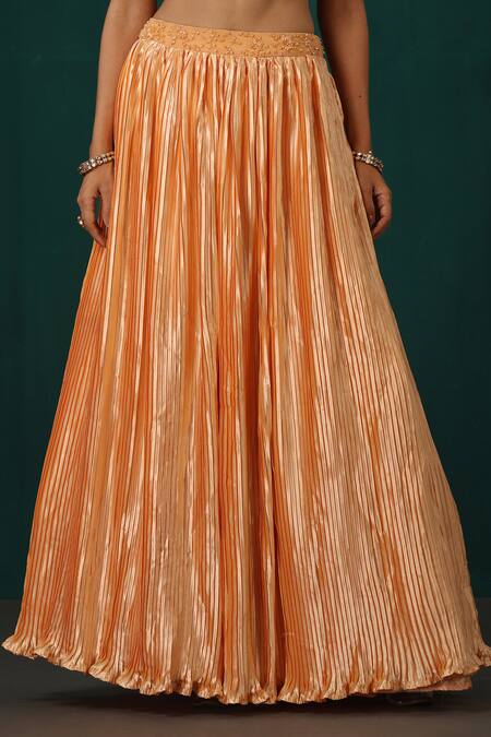 Minaki Peach Crepe, Organza, Satin Embroidery, Sequins, Pleated Lehenga And Blouse Set at Aza Fashions Minaki_Peach Crepe, Organza, Satin Embroidery, Sequins, Pleated Lehenga And Blouse Set _at_Aza_Fashions