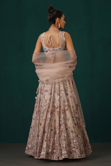 Shop Minaki Pink Chanderi, Organza Pearls, Floral Hand Embroidered Bridal Lehenga Set at Aza Fashions Shop_Minaki_Pink Chanderi, Organza Pearls, Floral Hand Embroidered Bridal Lehenga Set _at_Aza_Fashions