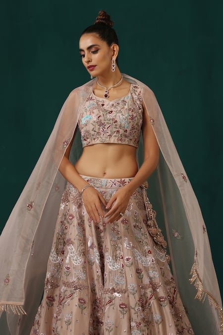 Buy Minaki Pink Chanderi, Organza Pearls, Floral Hand Embroidered Bridal Lehenga Set Online at Aza Fashions Buy_Minaki_Pink Chanderi, Organza Pearls, Floral Hand Embroidered Bridal Lehenga Set _Online_at_Aza_Fashions