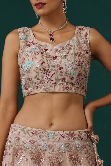 Shop Minaki Pink Chanderi, Organza Pearls, Floral Hand Embroidered Bridal Lehenga Set Online at Aza Fashions Shop_Minaki_Pink Chanderi, Organza Pearls, Floral Hand Embroidered Bridal Lehenga Set _Online_at_Aza_Fashions