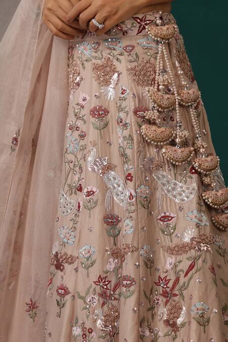 Minaki Pink Chanderi, Organza Pearls, Floral Hand Embroidered Bridal Lehenga Set at Aza Fashions Minaki_Pink Chanderi, Organza Pearls, Floral Hand Embroidered Bridal Lehenga Set _at_Aza_Fashions
